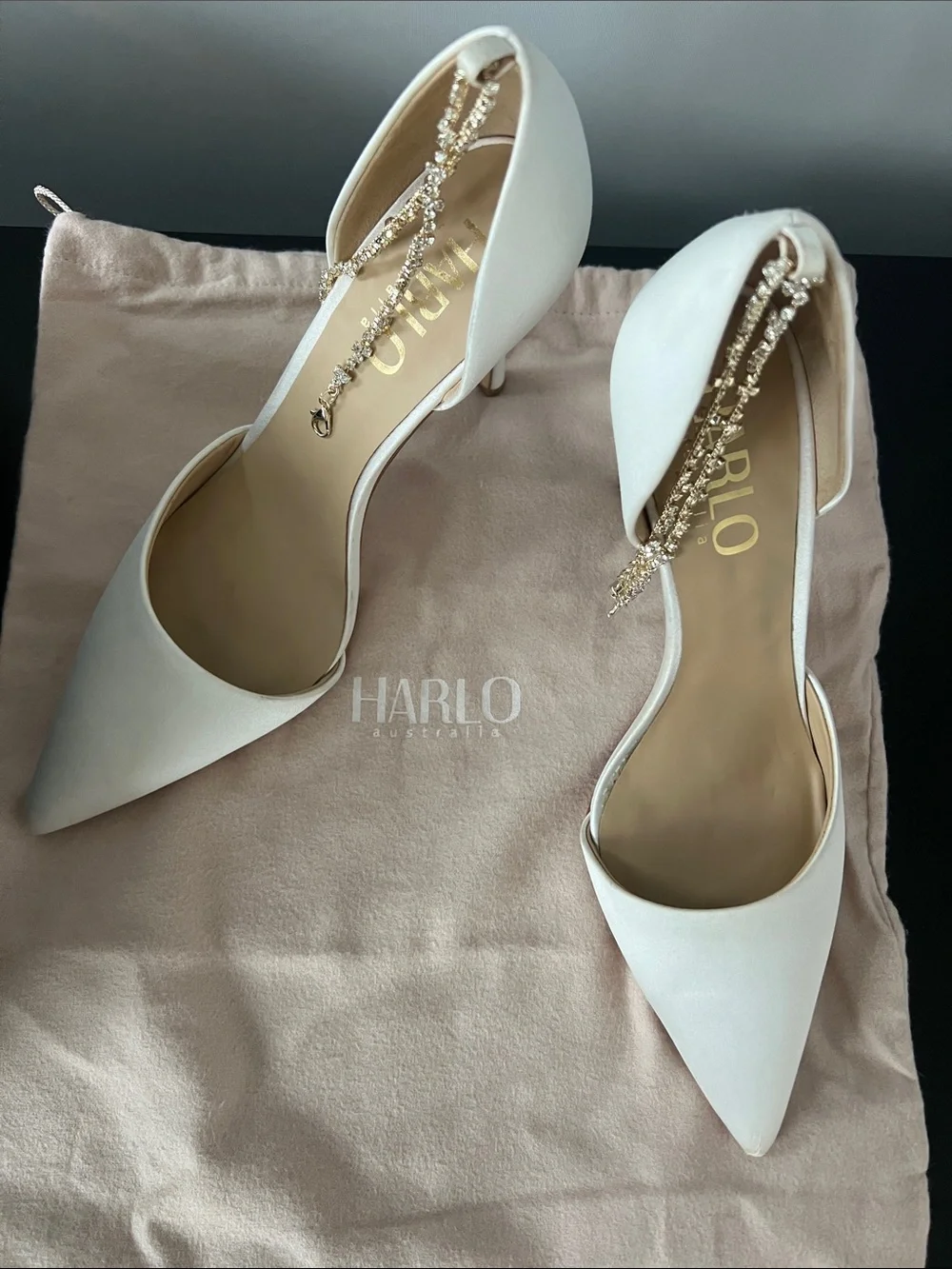 Harlow White Pointed D'Orsay Heels with Crystal Strap